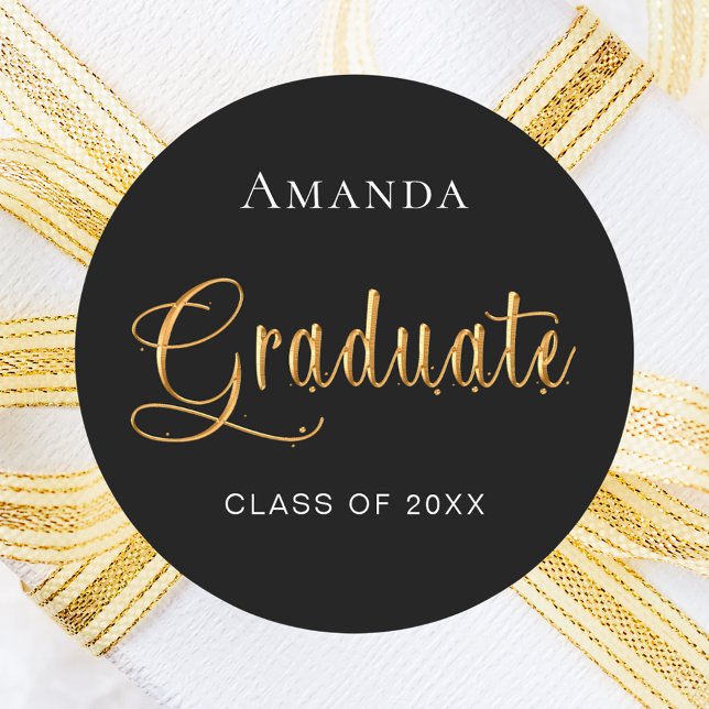 Graduate black gold name elegant classic round sticker (Creator Uploaded)