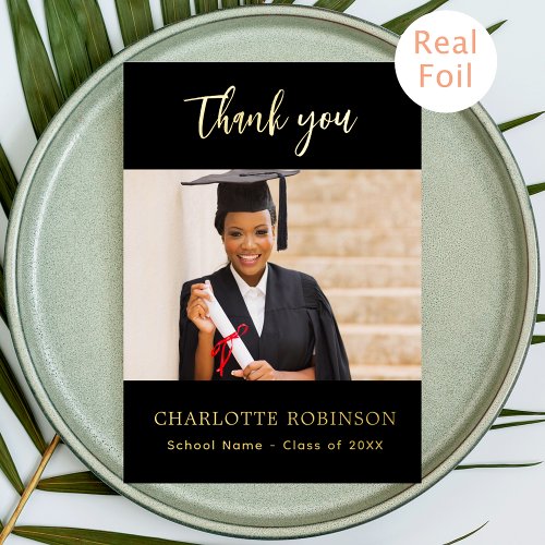 Graduate black gold photo foil thank you card