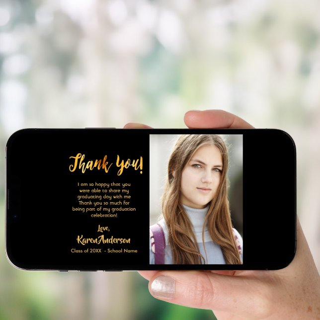Graduate black gold photo thank you invitation (Front Digital)