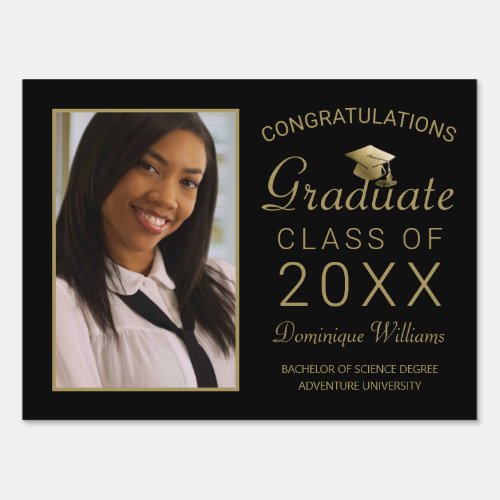 Graduate Black Gold Script Photo Grad 2023 Sign