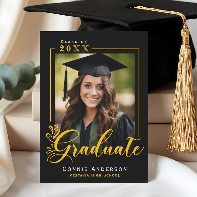 Graduate Black Gold Script Photo Graduation  Announcement (Graduate Trendy Script Photo Graduation Announcement)