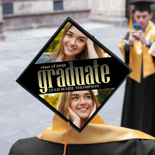 Graduate Black & Gold Typography Photo Collage Cap