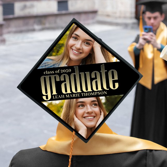 Graduate Black & Gold Typography Photo Collage Cap (Graduation cap topper black and white typography.)