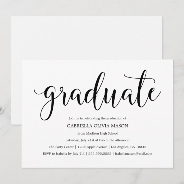 Graduate | Black Script Graduation Party Invite (Front/Back)