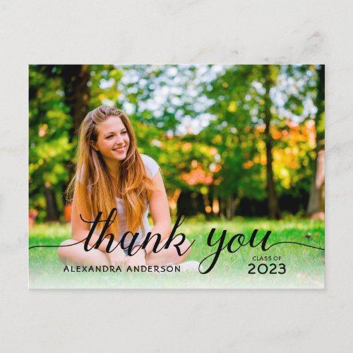 Graduate Black Script Photo Graduation Thank You Postcard