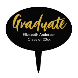 Graduate Black White and Gold Grad's Name Year Cake Topper