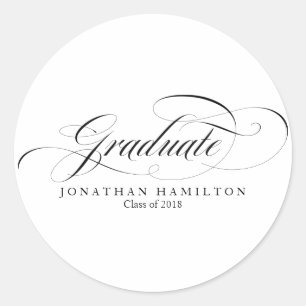 Graduate Black & White Elegant Script Graduation Classic Round Sticker