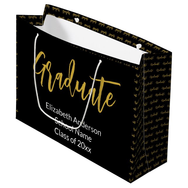 Graduate Black White Gold Grad Name Class of 20245 Large Gift Bag (Front Angled)