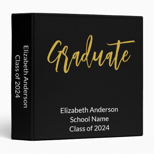 Graduate Black White Gold Grad Name Class of 2024  3 Ring Binder