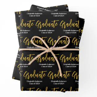 Graduate Black White Gold Grad Name Class of 2024  Wrapping Paper Sheets