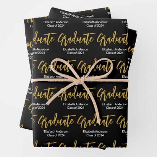 Graduate Black White Gold Grad Name Class of 2024  Wrapping Paper Sheets