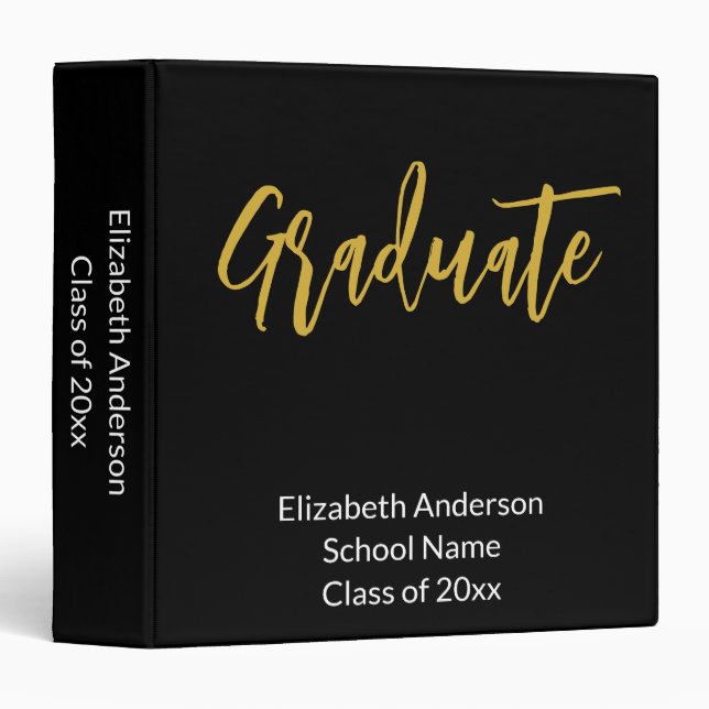 Graduate Black White Gold Grad Name Graduation 3 Ring Binder (Front/Spine)