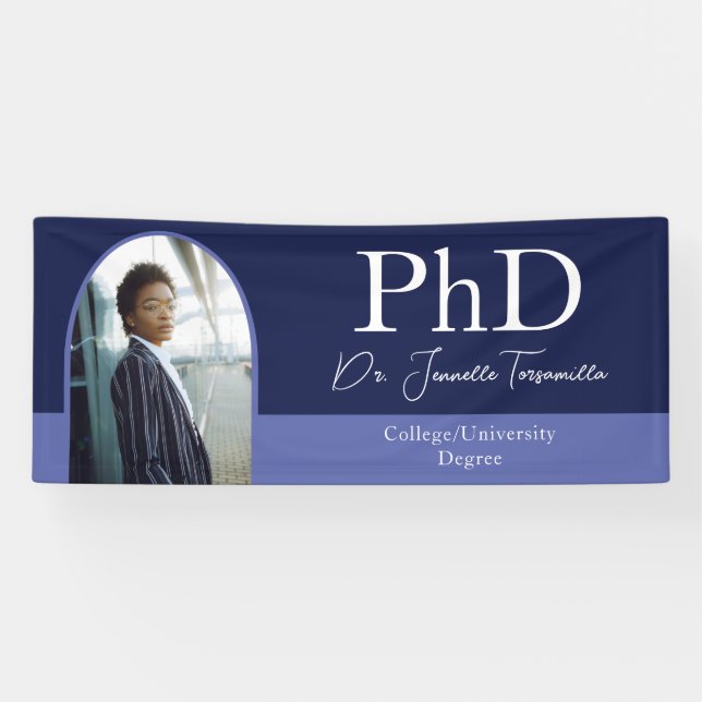 Graduate Blue Arch Script Photo PhD Graduation Banner (Horizontal)