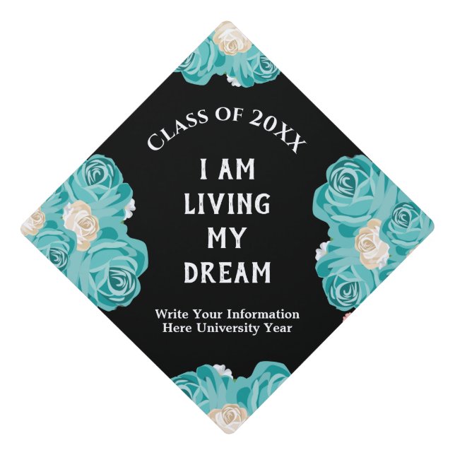 Graduate Blue Floral Inspired Motivate Personalize Graduation Cap Topper (Front)