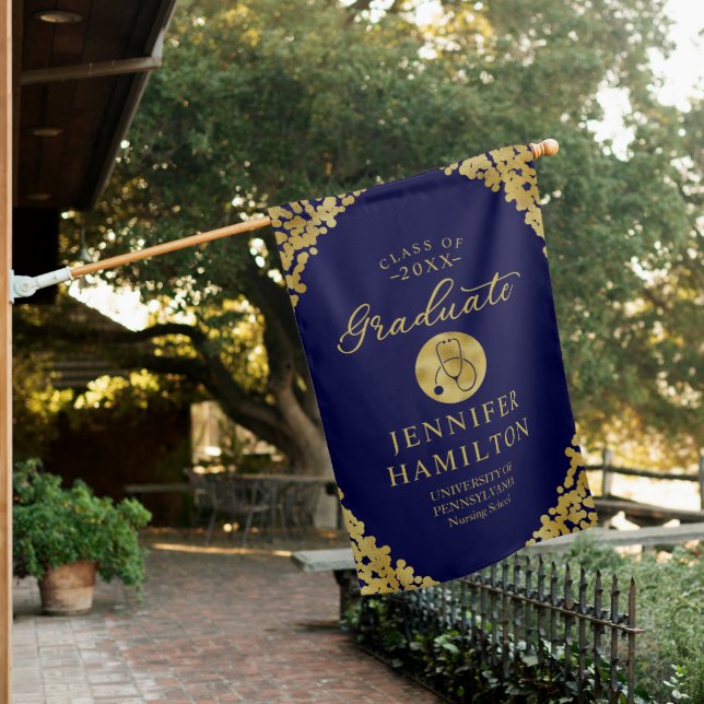 Graduate Blue Gold Nursing School Graduation House Flag (In SItu)