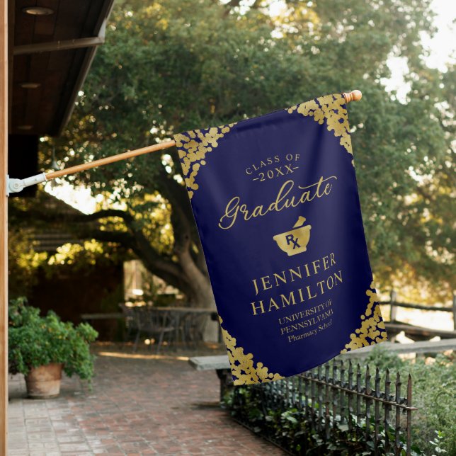 Graduate Blue Gold Pharmacy School Graduation House Flag (In SItu)