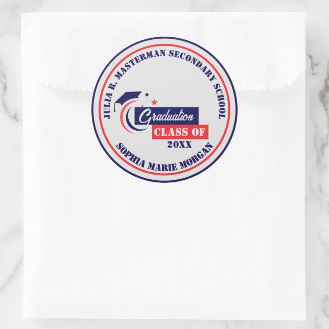 Graduate Blue Red White Graduation Classic Round Sticker (Bag)