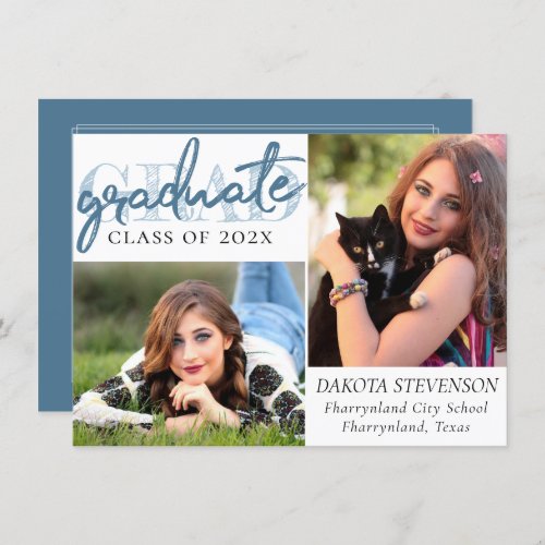 Graduate Blue Script  Cool Brush 2 Photo Keepsake Invitation