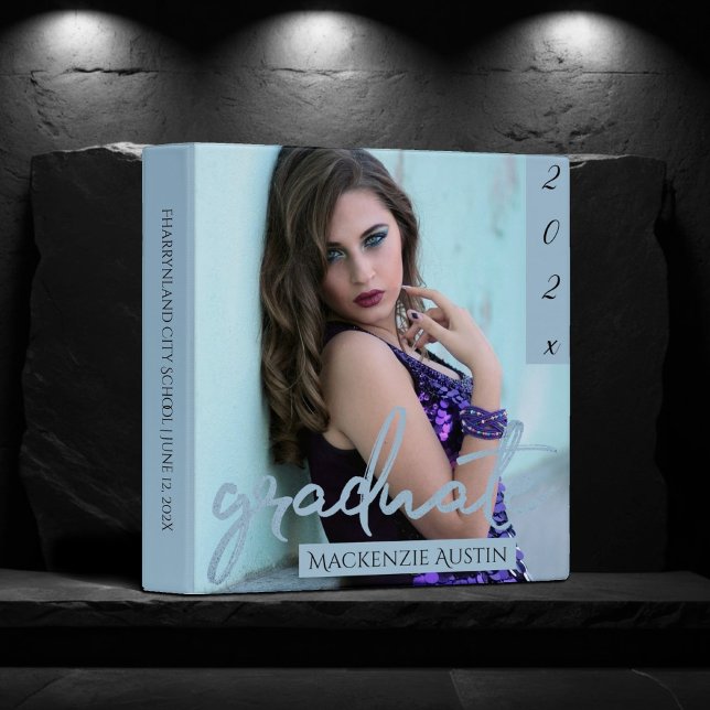 Graduate Blue Script | Cool Brush Photo Keepsake 3 Ring Binder (Creator Uploaded)