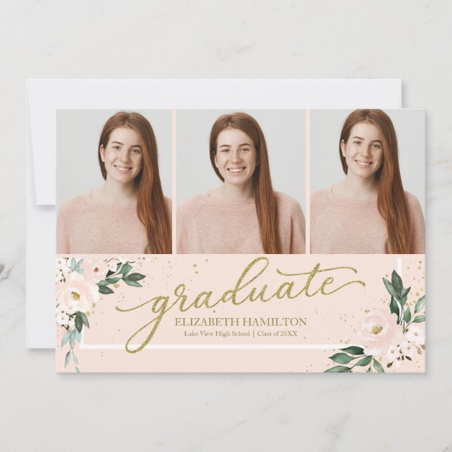 Graduate Blush Floral Grad Announcement 3 Photo (Front)