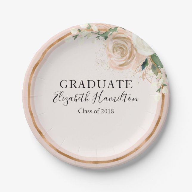 Graduate Blush & Rose Gold Modern Chic Floral Paper Plates (Front)