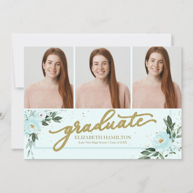Graduate Blush Teal Grad Announcement 3 Photo (Front)