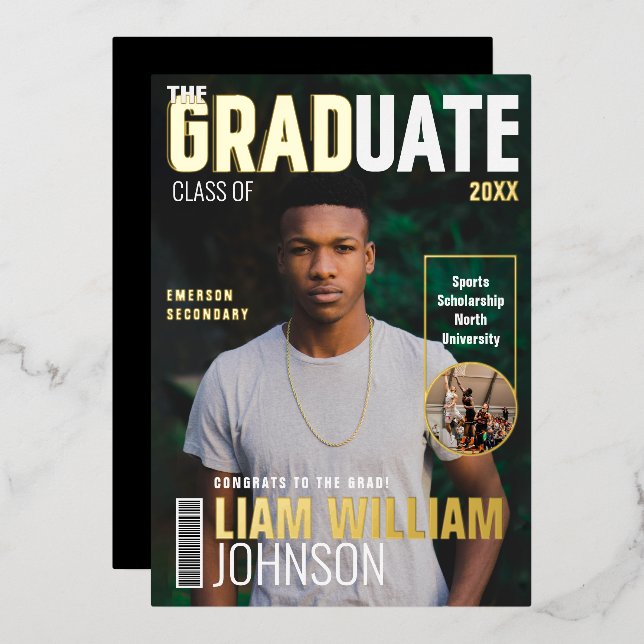Graduate Bold Custom Grad Photo Magazine Cover Foil Invitation (Front/Back)