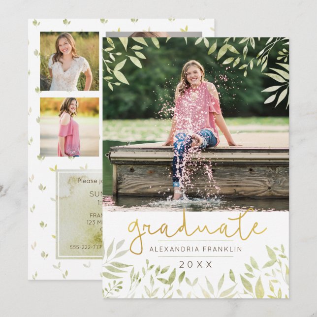 Graduate Botanical Gold Foil Greenery 4 Photo Invitation (Front/Back)