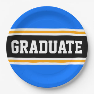 GRADUATE Bright Blue Black Orange Racing Stripes Paper Plates