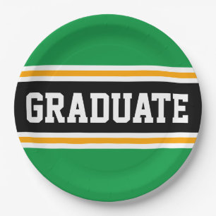 GRADUATE Bright Green Black Orange Racing Stripes Paper Plates