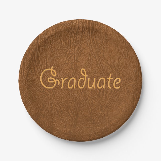Graduate Brown Cowhide Leather Texture Look Paper Plates (Front)