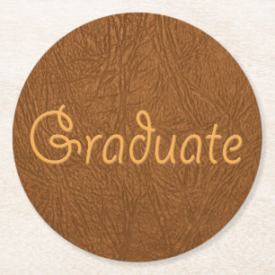 Graduate Brown Cowhide Leather Texture Look Round Paper Coaster