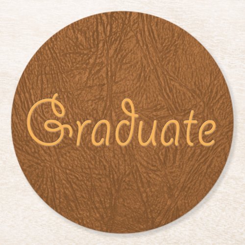 Graduate Brown Cowhide Leather Texture Look Round Paper Coaster