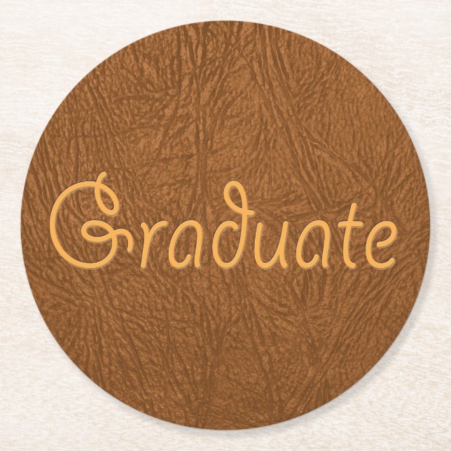 Graduate Brown Cowhide Leather Texture Look Round Paper Coaster (Front)