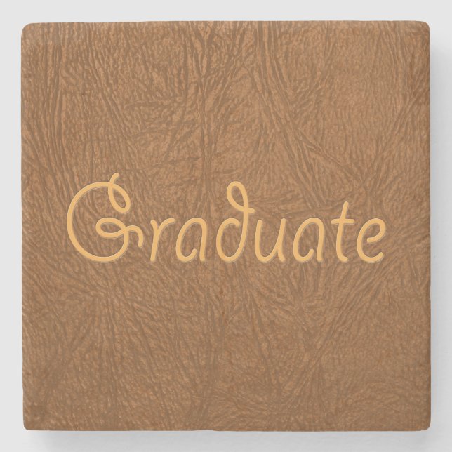 Graduate Brown Cowhide Leather Texture Look Stone Coaster (Front)
