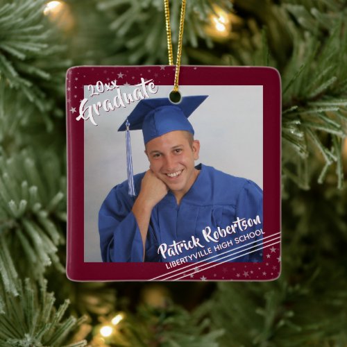 Graduate Burgundy Maroon Brush Script Stars Photo Ceramic Ornament