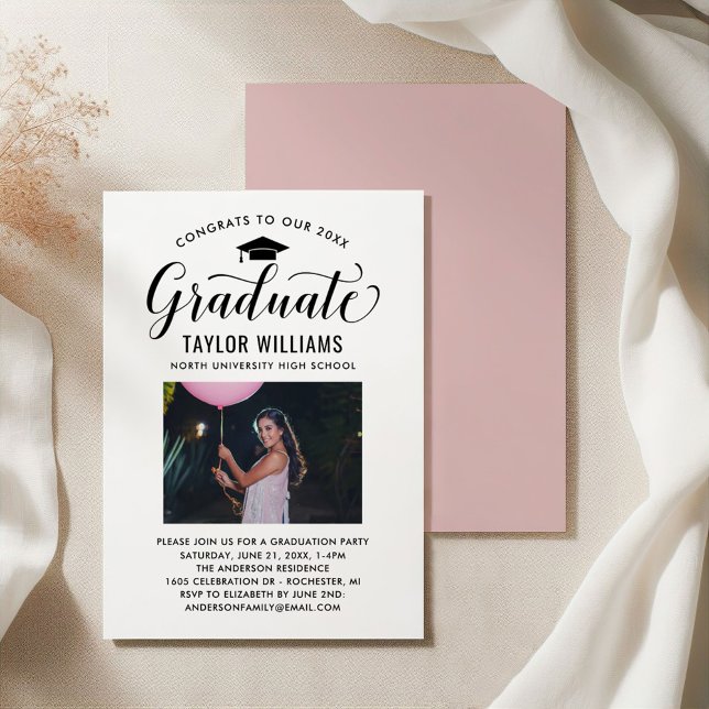Graduate Calligraphy Photo Pink Graduation Party Invitation (Creator Uploaded)