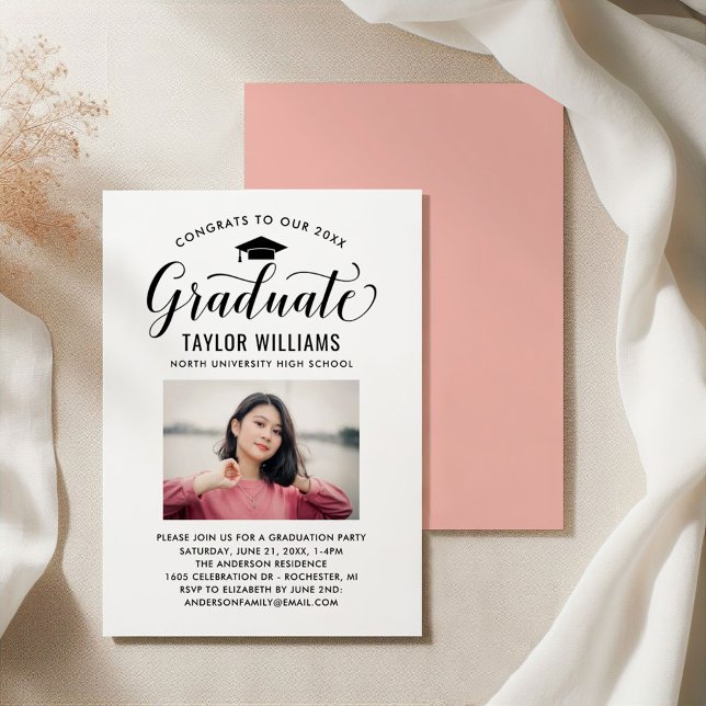 Graduate Calligraphy Photo Rose Gold Graduation Invitation (Creator Uploaded)