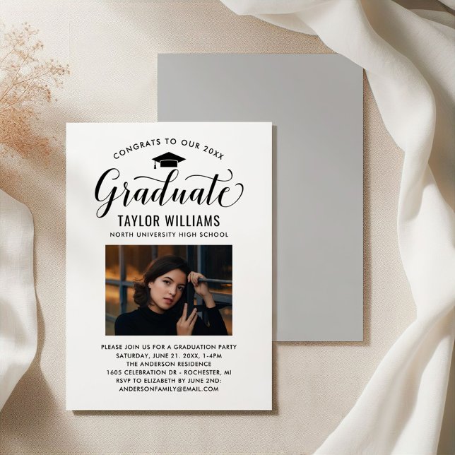 Graduate Calligraphy Photo Silver Graduation Party Invitation (Creator Uploaded)