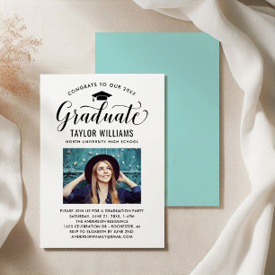 Graduate Calligraphy Photo Teal Graduation Party Invitation