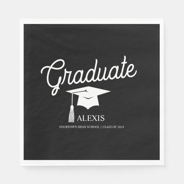 Graduate Cap Black White Name Class of Napkins (Front)