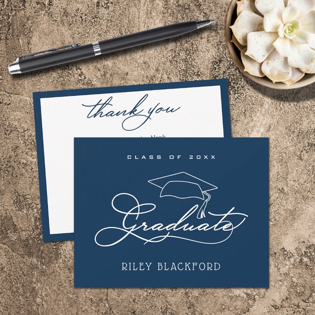 Graduate Cap Navy Blue Note Card (Graduation cap on navy blue flat thank you note cards have room for your message on the back.)