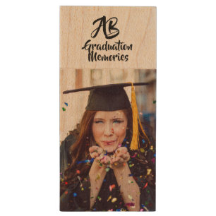 Graduate Cap Photo Custom Name Class of Graduation Wood Flash Drive