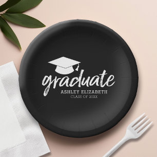 Graduate Cap with Class of and Name - Change Black Paper Plates