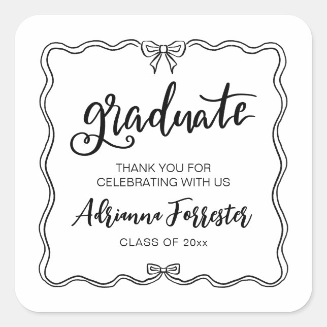 Graduate Casual Script Cute Bow | Thank You Square Sticker (Front)