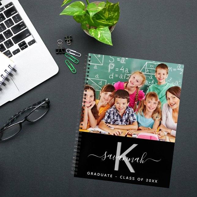 Graduate class 2024 photo black white monogram notebook (Creator Uploaded)