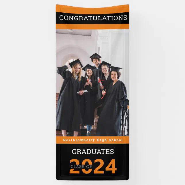 Graduate Class Black Orange Photo Graduation Banne Banner | Zazzle