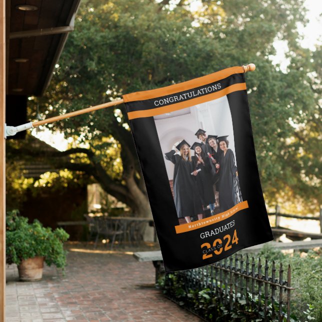 Graduate Class Black Orange Photo Graduation House Flag (In SItu)