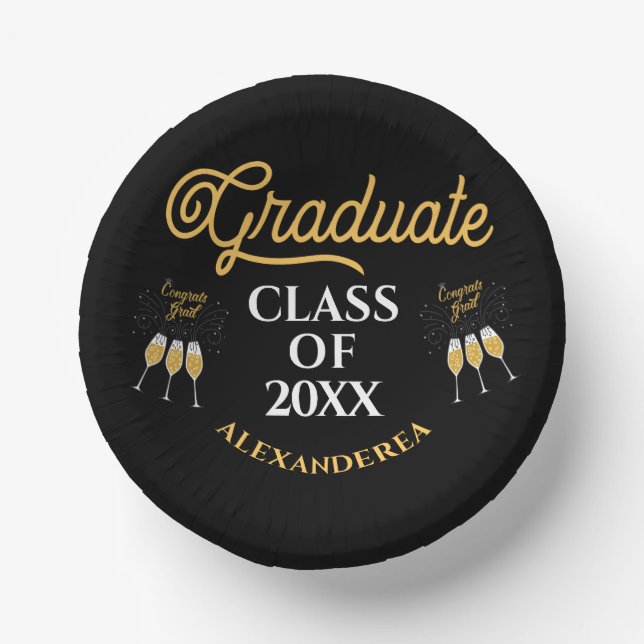 Graduate Class Congrats Gold Black Personalize Paper Bowls (Front)