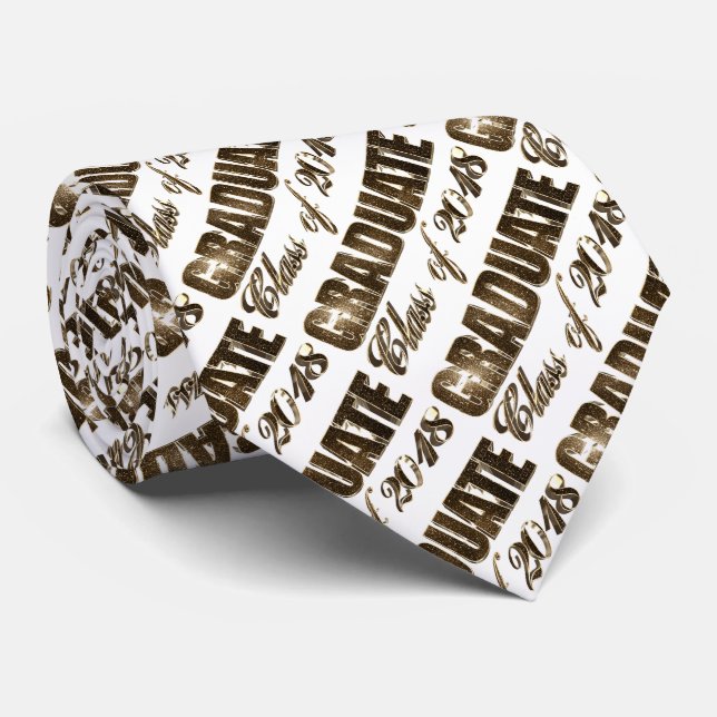 Graduate Class of 2018 Gold and White Text Pattern Neck Tie (Rolled)